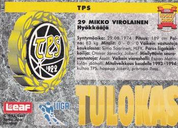 1993-94 Leaf Sisu SM-Liiga (Finnish) #55a Mikko Virolainen Back