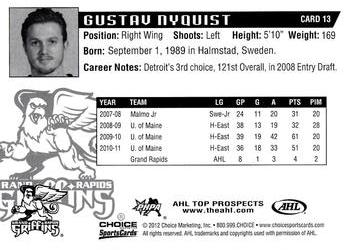 2011-12 Choice AHL Top Prospects #13 Gustav Nyquist Back