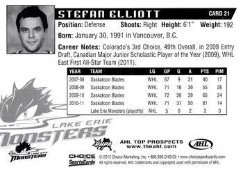 2011-12 Choice AHL Top Prospects #21 Stefan Elliott Back