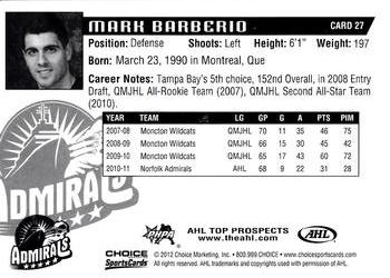 2011-12 Choice AHL Top Prospects #27 Mark Barberio Back