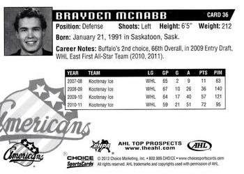 2011-12 Choice AHL Top Prospects #36 Brayden McNabb Back