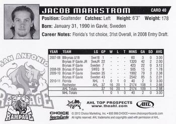 2011-12 Choice AHL Top Prospects #40 Jacob Markstrom Back