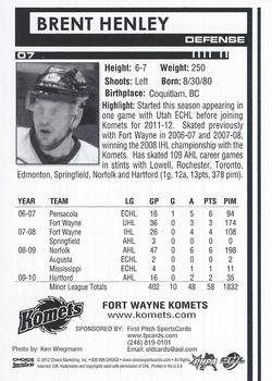 2011-12 Choice Fort Wayne Komets (CHL) #7 Brent Henley Back