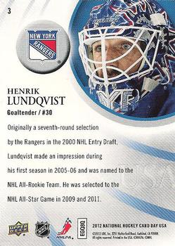 2012 Upper Deck National Hockey Card Day USA #3 Henrik Lundqvist Back