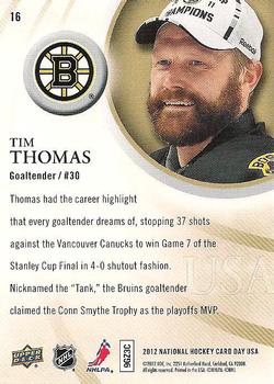 2012 Upper Deck National Hockey Card Day USA #16 Tim Thomas Back