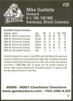 2006-07 Last Minute Golfer Charlotte Checkers (ECHL) #8 Mike Ouellette Back