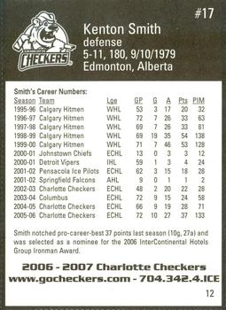 2006-07 Last Minute Golfer Charlotte Checkers (ECHL) #12 Kenton Smith Back