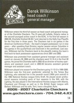 2006-07 Last Minute Golfer Charlotte Checkers (ECHL) #14 Derek Wilkinson Back