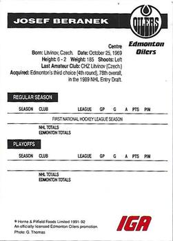 1991-92 IGA Edmonton Oilers #NNO Josef Beranek Back