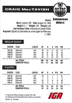 1991-92 IGA Edmonton Oilers #NNO Craig MacTavish Back