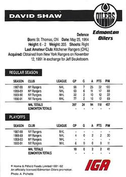 1991-92 IGA Edmonton Oilers #NNO David Shaw Back
