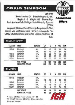 1991-92 IGA Edmonton Oilers #NNO Craig Simpson Back