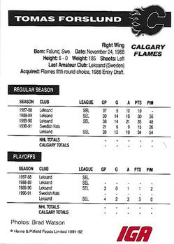1991-92 IGA Calgary Flames #NNO Tomas Forslund Back
