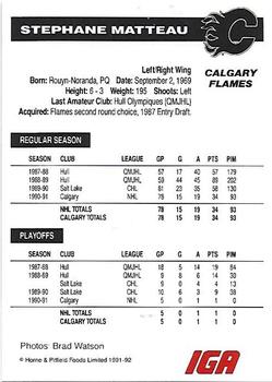 1991-92 IGA Calgary Flames #NNO Stephane Matteau Back