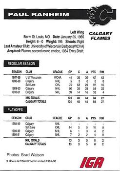 1991-92 IGA Calgary Flames #NNO Paul Ranheim Back