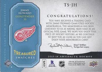 2013-14 Upper Deck Artifacts - Treasured Swatches Blue #TS-JH Jimmy Howard Back