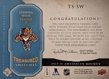 2013-14 Upper Deck Artifacts - Treasured Swatches Blue #TS-SW Stephen Weiss Back