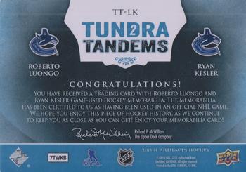 2013-14 Upper Deck Artifacts - Tundra Tandems Blue Dual Jersey #TT-LK Roberto Luongo / Ryan Kesler Back
