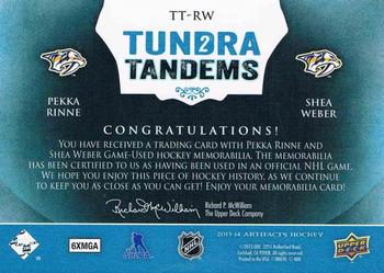 2013-14 Upper Deck Artifacts - Tundra Tandems Blue Dual Jersey #TT-RW Pekka Rinne / Shea Weber Back