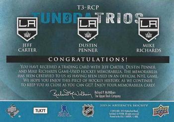 2013-14 Upper Deck Artifacts - Tundra Trios Jerseys Blue #T3-RCP Jeff Carter / Dustin Penner / Mike Richards Back