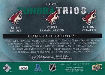 2013-14 Upper Deck Artifacts - Tundra Trios Patches Emerald #T3-VYE Keith Yandle / Oliver Ekman-Larsson / Antoine Vermette Back