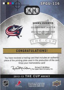 2012-13 Upper Deck The Cup - Printing Plates SP Game Used Yellow #SPGU-116 Shawn Hunwick Back