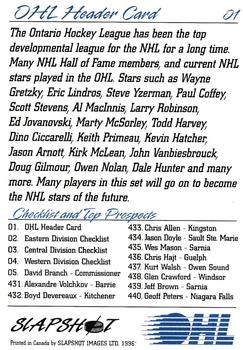 1995-96 Slapshot OHL #1 OHL Header Card Back