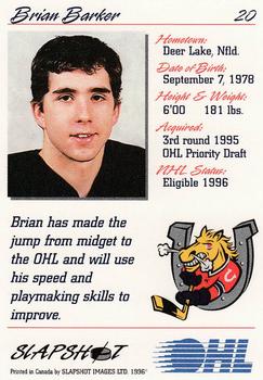 1995-96 Slapshot OHL #20 Brian Barker Back