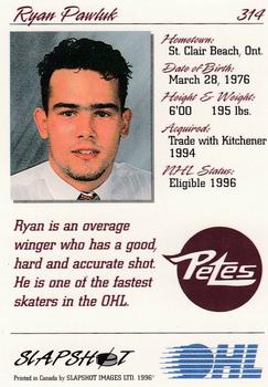 1995-96 Slapshot OHL #314 Ryan Pawluk Back