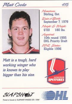 1995-96 Slapshot OHL #415 Matt Cooke Back