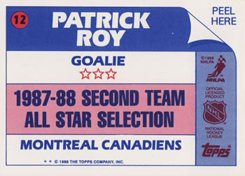 1988-89 Topps - Stickers #12 Patrick Roy Back