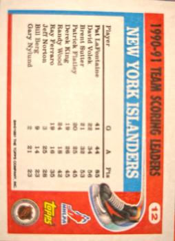 1991-92 Topps - Team Scoring Leaders #12 Pat LaFontaine Back
