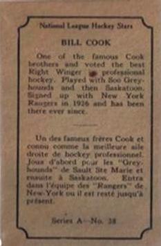 1933-34 O-Pee-Chee (V304A) #38 Bill Cook Back