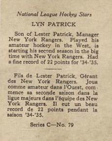 1935-36 O-Pee-Chee (V304C) #79 Lynn Patrick Back