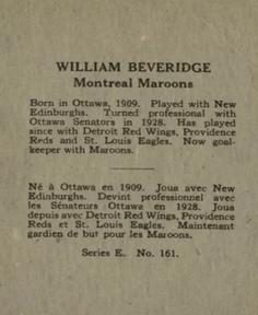 1937-38 O-Pee-Chee (V304E) #161 Bill Beveridge Back