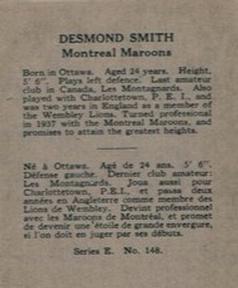 1937-38 O-Pee-Chee (V304E) #148 Des Smith Back