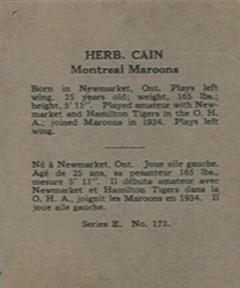 1937-38 O-Pee-Chee (V304E) #172 Herbert Cain Back