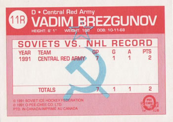 1991-92 O-Pee-Chee - Sharks & Russians Inserts #11R Vadim Brezgunov Back