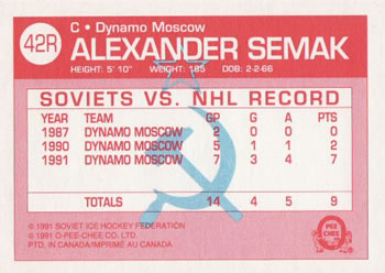 1991-92 O-Pee-Chee - Sharks & Russians Inserts #42R Alexander Semak Back