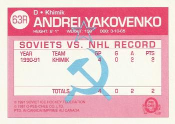 1991-92 O-Pee-Chee - Sharks & Russians Inserts #63R Andrei Yakovenko Back
