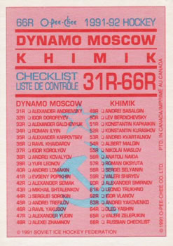 1991-92 O-Pee-Chee - Sharks & Russians Inserts #66R Russian Checklist Back