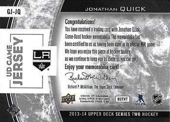 2013-14 Upper Deck - UD Game Jerseys #GJ-JQ Jonathan Quick Back