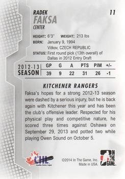 2013-14 In The Game Heroes and Prospects #11 Radek Faksa Back