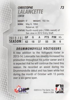 2013-14 In The Game Heroes and Prospects #73 Christophe Lalancette Back
