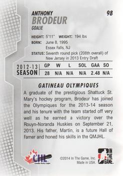 2013-14 In The Game Heroes and Prospects #98 Anthony Brodeur Back