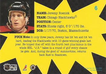 1991-92 Pro Set PUCK #6 Jeremy Roenick Back