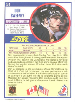 1990-91 Score Canadian #51 Don Sweeney Back