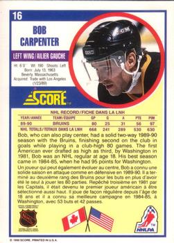 1990-91 Score Canadian #16 Bob Carpenter Back