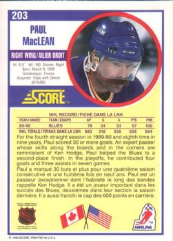 1990-91 Score Canadian #203 Paul MacLean Back