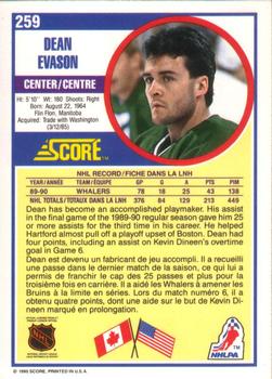 1990-91 Score Canadian #259 Dean Evason Back